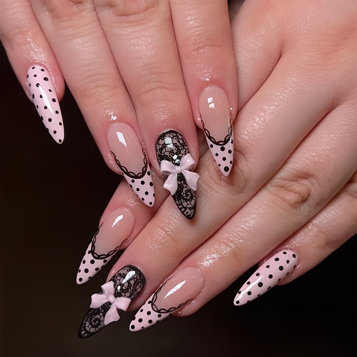 24-Piece Black Polka Dot Press-On Nails, Almond-Shaped French Pink Bow Press-On Nail Tips