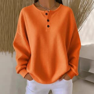 In-Stock Cross-Border Amazon Fashion Round Neck Waffle Knit 2025 Fall Winter New Solid Color Pullover Loose Top