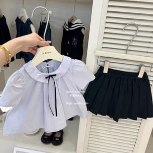 2025 Spring/Summer Girls' School Style Solid Pleated Skirt Set, Short Sleeve Shirt 2-Piece Set, Trendy