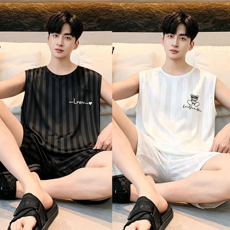 Men's Summer Ice Silk Sleeveless Tank Top Pajama Set Loose Loungewear Can Be Worn Out Shorts Round Neck Stripe Style