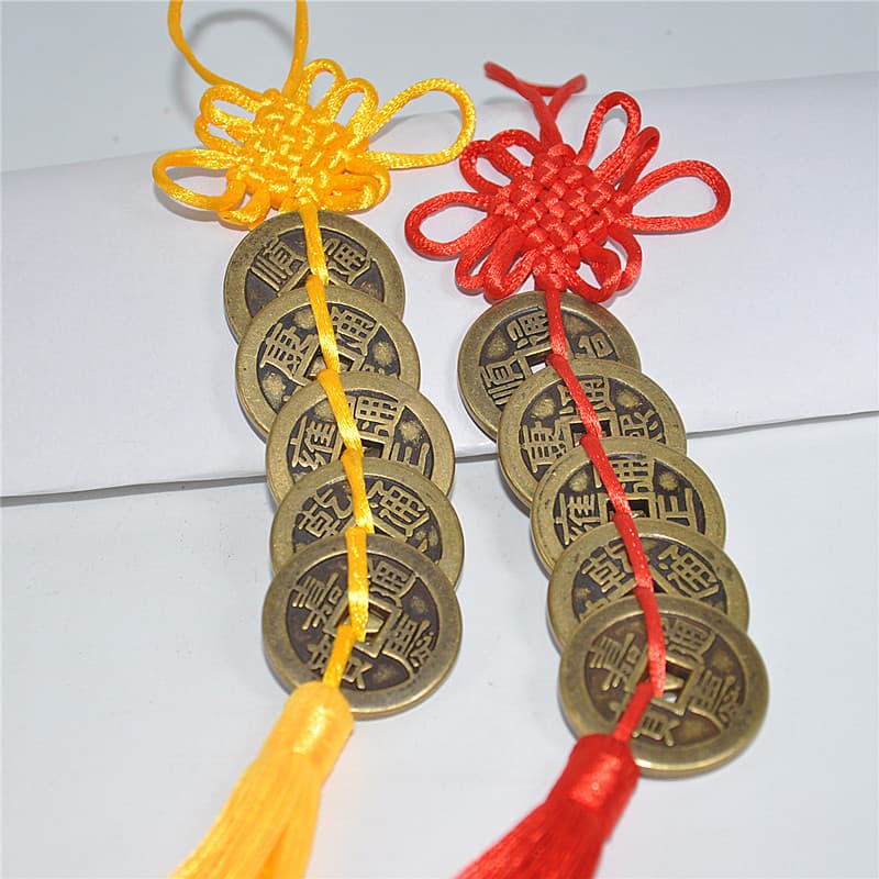 Pure Copper Thickened 2.5 Five Emperor Coins, Real Copper Chinese Knot Red-Yellow Five Emperor Coin Pendants, Antique Coins for Feng Shui Use