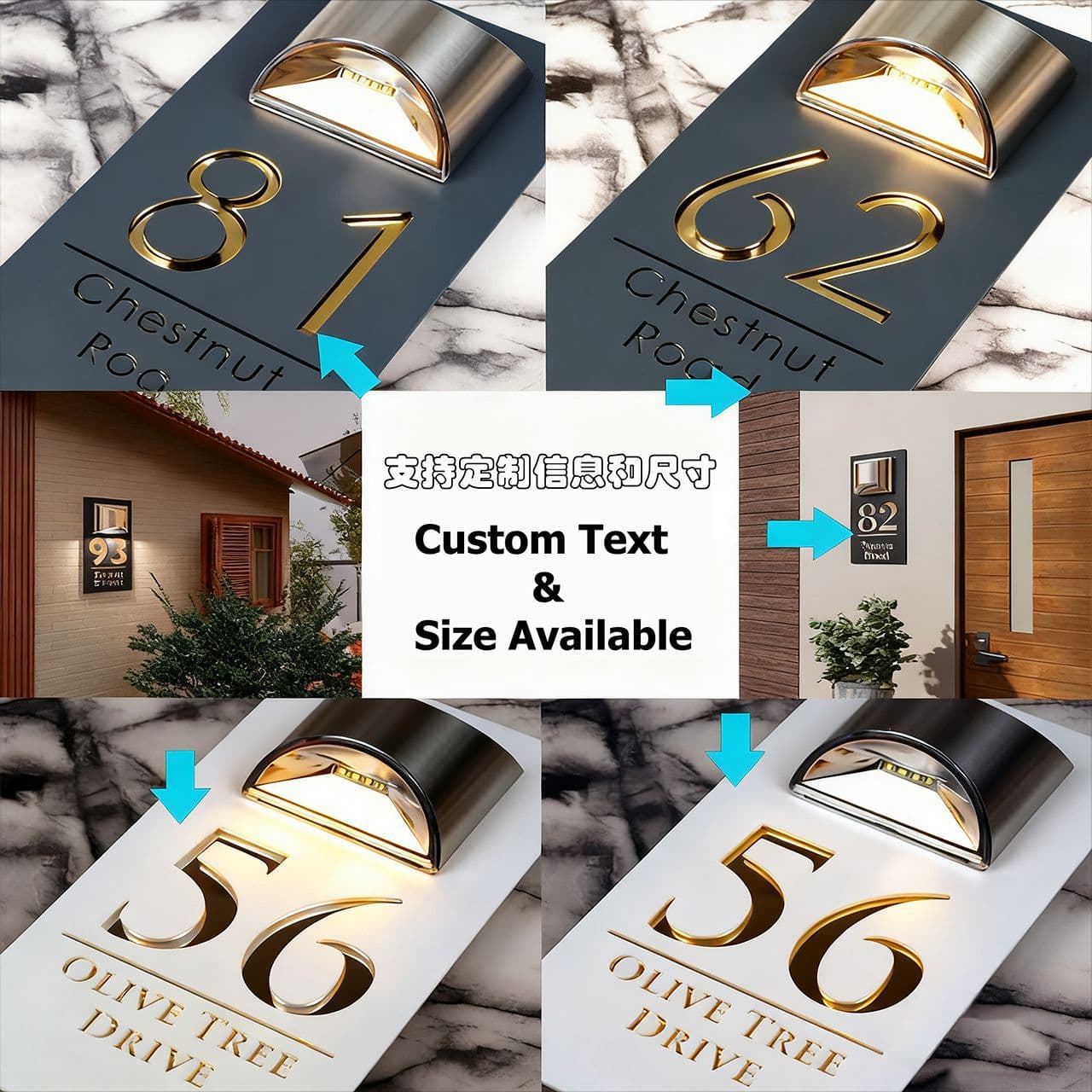 LED solar-powered address sign, stainless steel outdoor waterproof door sign, information sign, solar light with automatic on/off switch.
