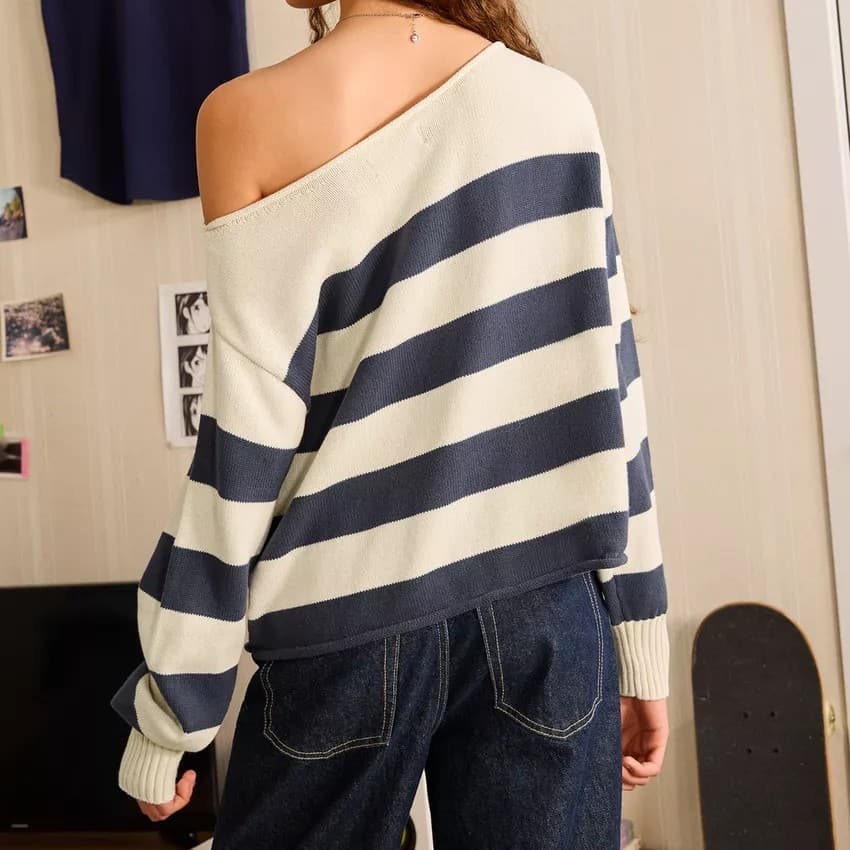 Cross-border navy blue and white wide striped one-shoulder sweater, lazy, loose, off-shoulder, off-shoulder, long-sleeved sweater top, foreign trade