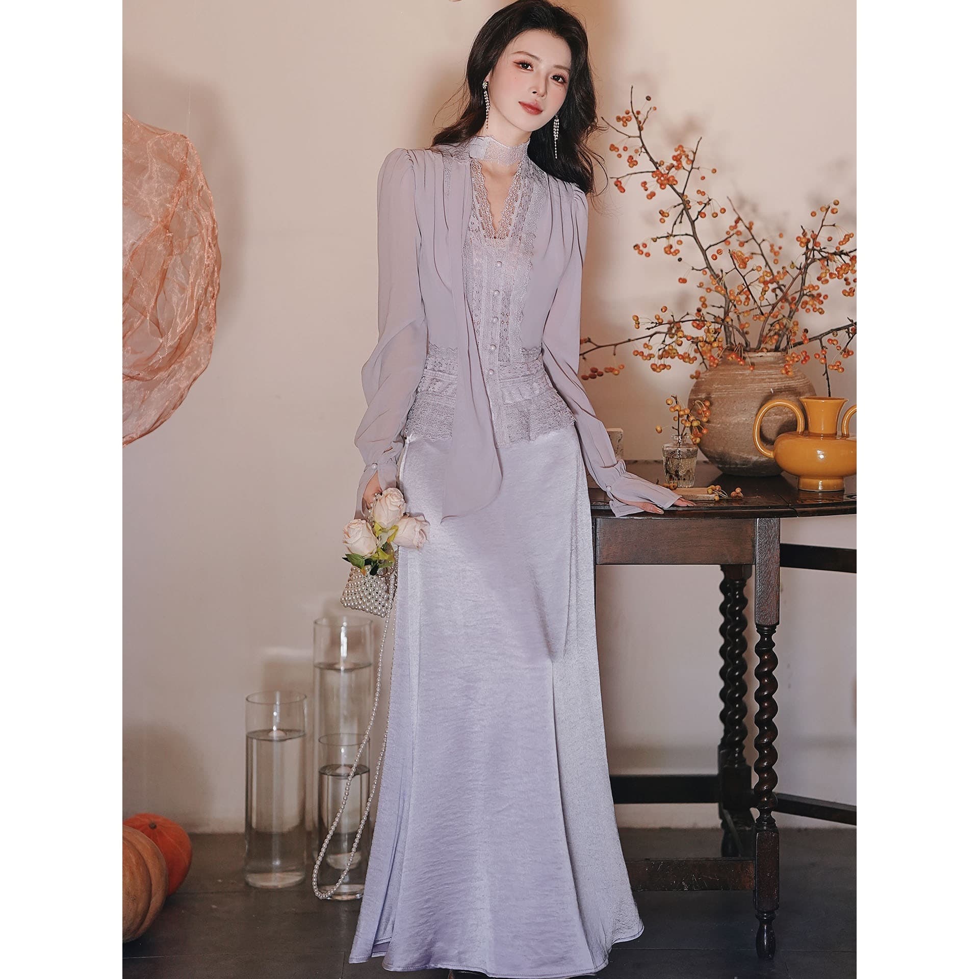 Beautifully designed suit French gentle purple lace top satin fishtail skirt two-piece suit 26 autumn