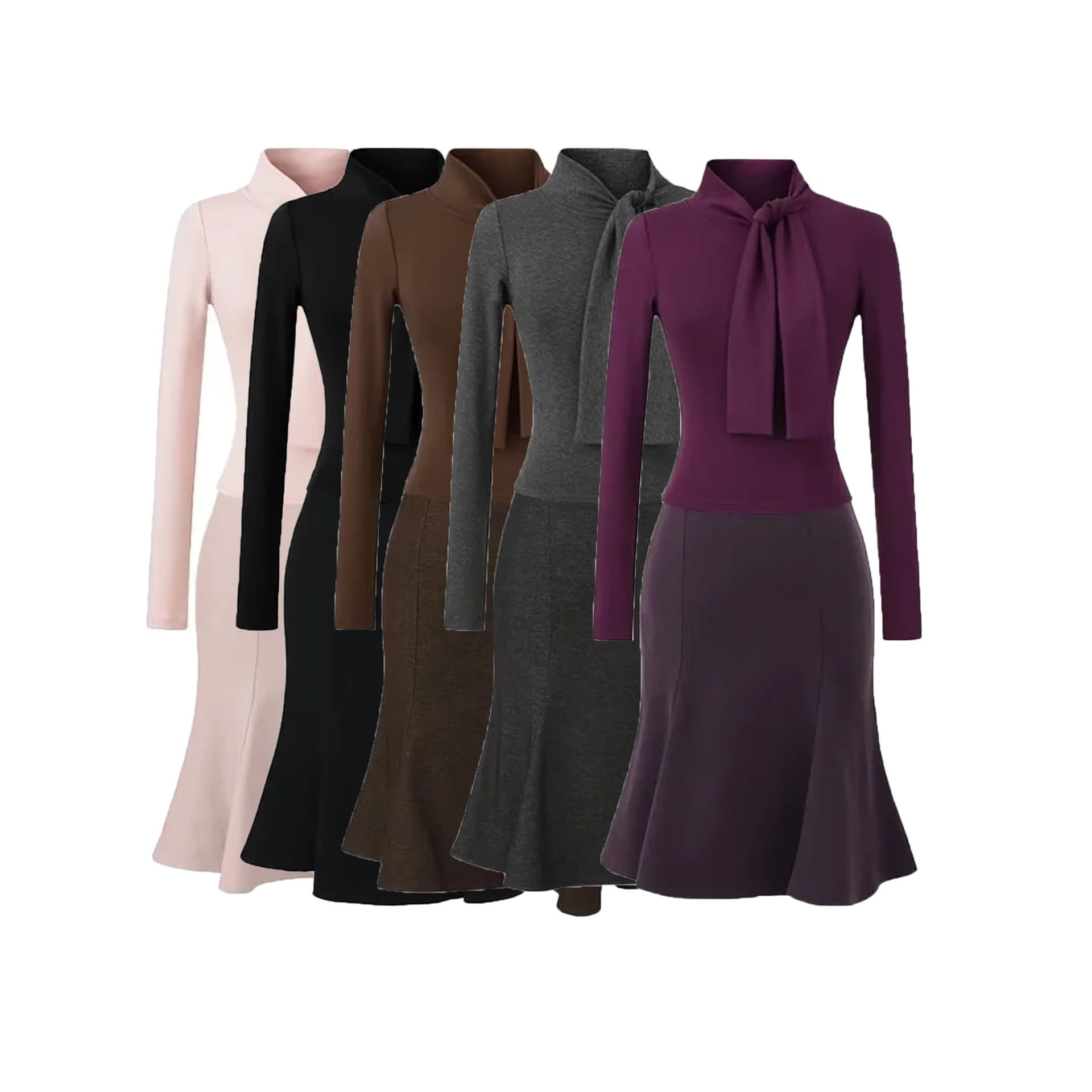 Elegant Half-High Collar Ribbon Long-Sleeve T-Shirt for Women Two-Piece Set High-Waist Slimming Bodycon Fishtail Skirt