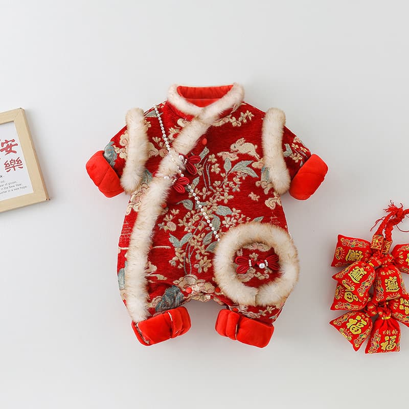 Baby New Year Outfit Winter Girls Chinese Style Onesie Fleece Lined Warm Full Moon 100 Days Romper Crawling Suit