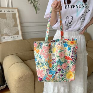 26101 Summer Floral Print Cloth Bag, Large Capacity Rose Canvas Bag, Beach Bag, Shopping Bag, Shoulder Bag
