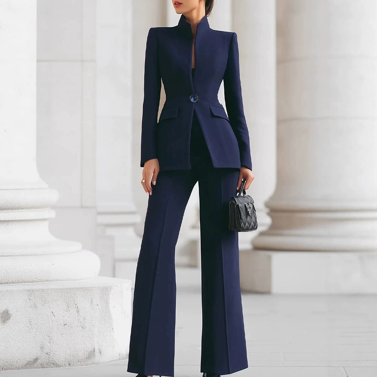2026 European and American clothing independent website long-sleeved solid color pocket one-button small suit + long suit pants two-piece set