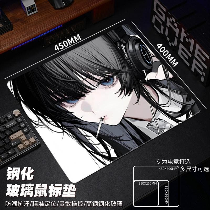Headphone Girl Photovoltaic Glass Mouse Pad Tempered Glass FPS Esports Game Office Pattern High Appearance Precise