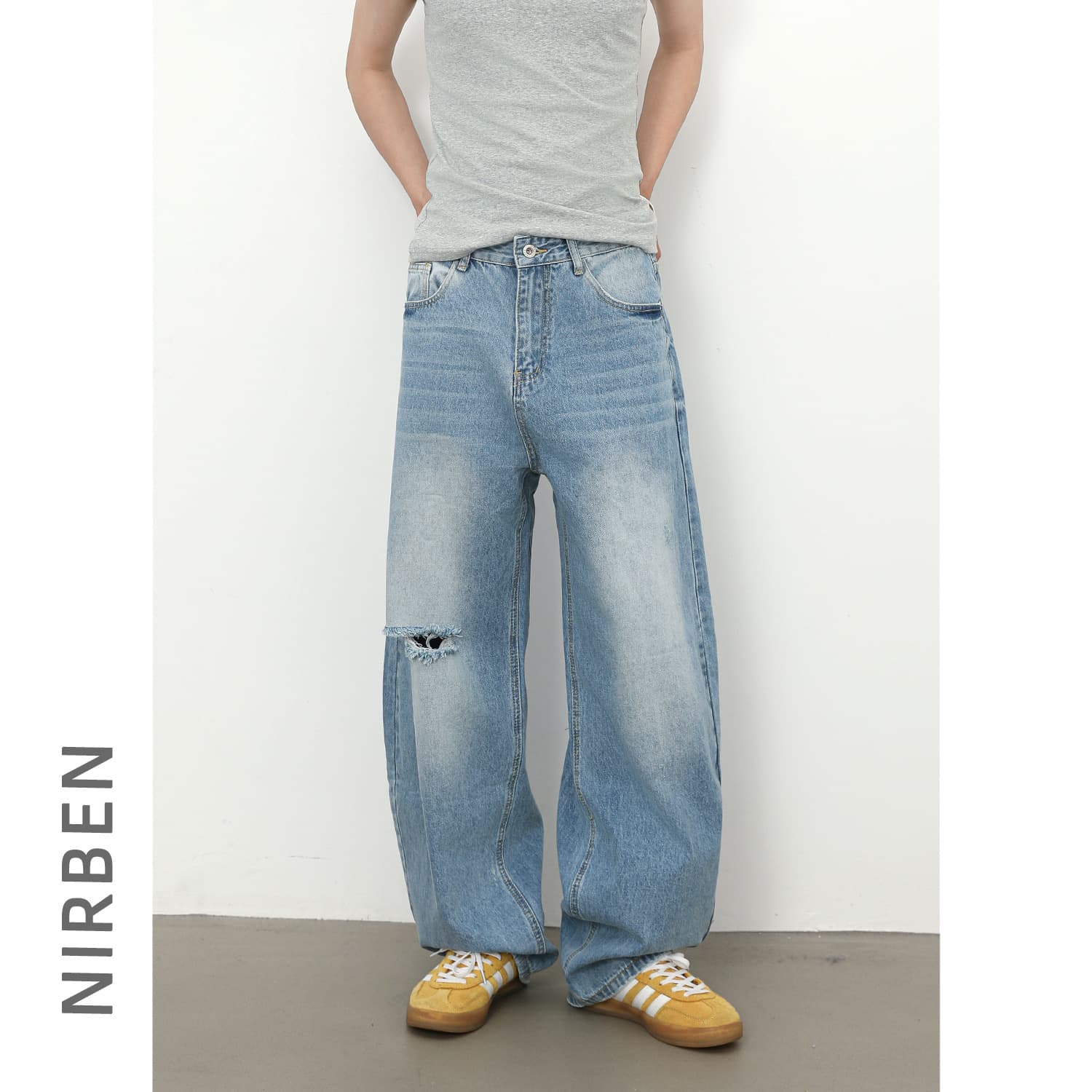 Nirben Denim | American Retro Curved Cut Ripped Jeans for Men, New Washed Design, Loose Wide Leg Pants