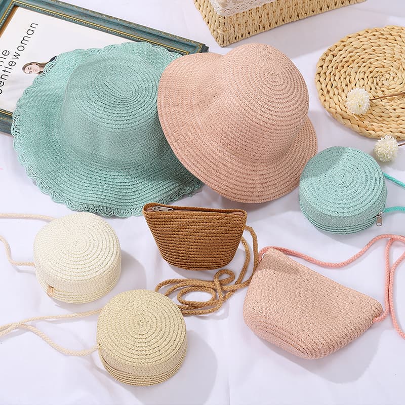 Kids Bag Women's Cute Straw Bag Little Girl Crossbody Boy's Mini Coin Purse Hat Set Summer Seaside