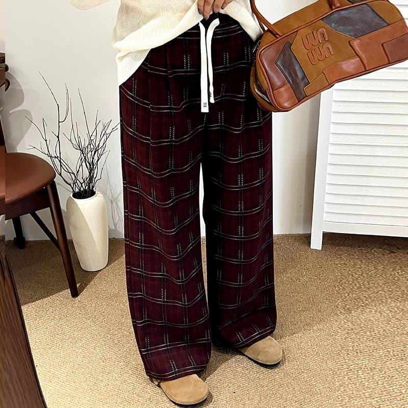 Plus Size Retro Casual Plaid Pants Women's High Waist Casual Pants 2025 Winter Fat mm Loose Straight Wide Leg Pants Nk1311