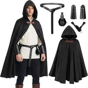 5-Piece Renaissance Hooded Cape Medieval Men's and Women's Halloween Costume Accessories Cape Belt