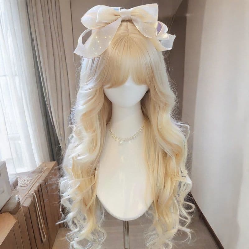 Golden Wig Long Curly Hair Natural Air Bangs Long Curly Big Waves Light Gold Synthetic Full Wig