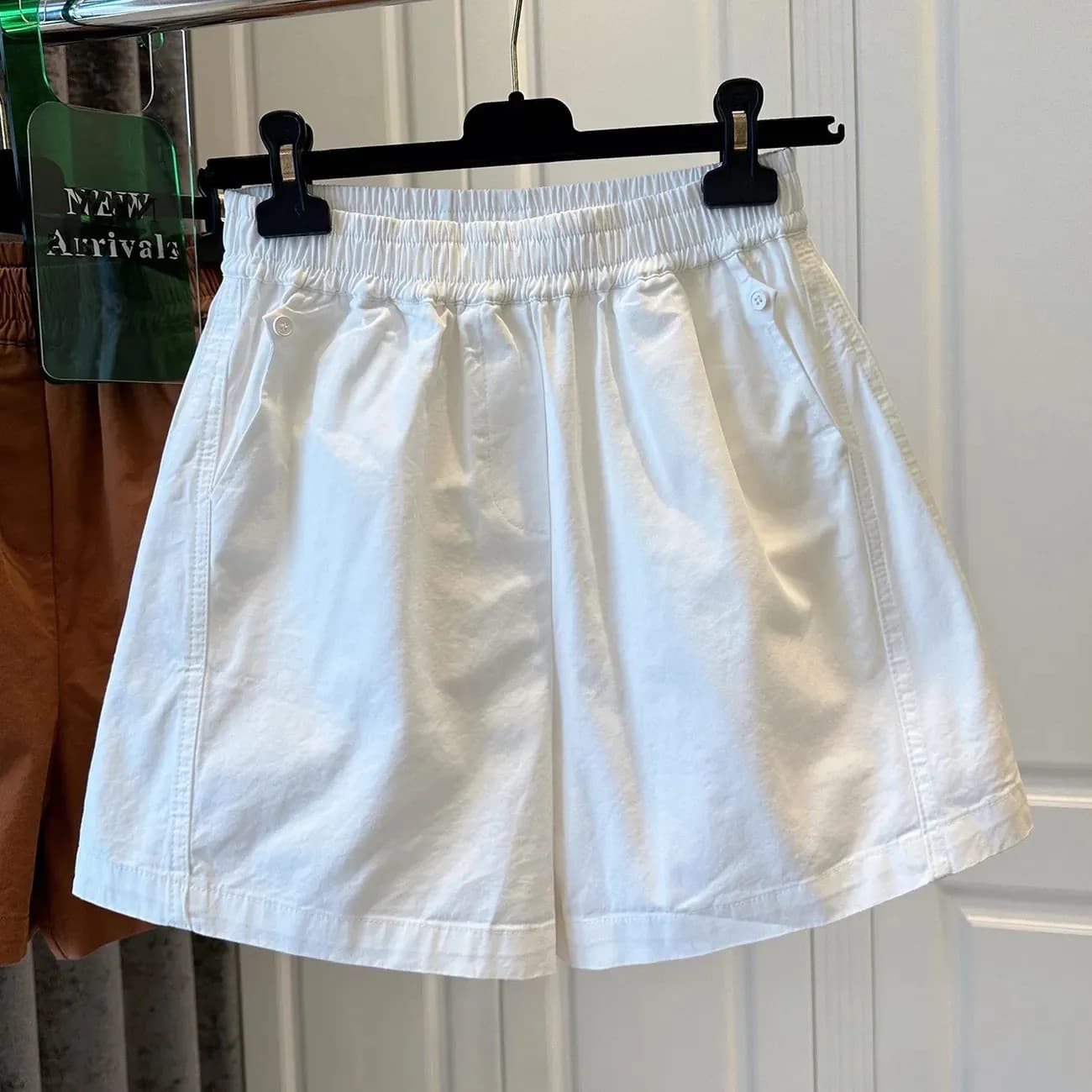100% Pure Cotton Elastic Waist Loose Casual Versatile Shorts for Women, Wide-Leg High-Waist Button-Detail Patchwork, 2025 Summer New Style