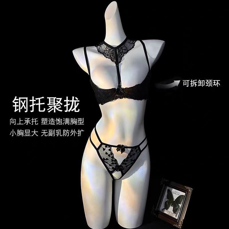 Lingerie Half-Cup Side-Support Sponge Lace Open-Bust Bra Couple Passionate Underwear Open-Crotch