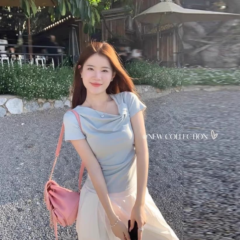 Light Blue Sweet Style Short Sleeve T-Shirt Women 2026 Summer New Korean Style Lace-Up Girls Outfit Slim Fit Base Layer Top