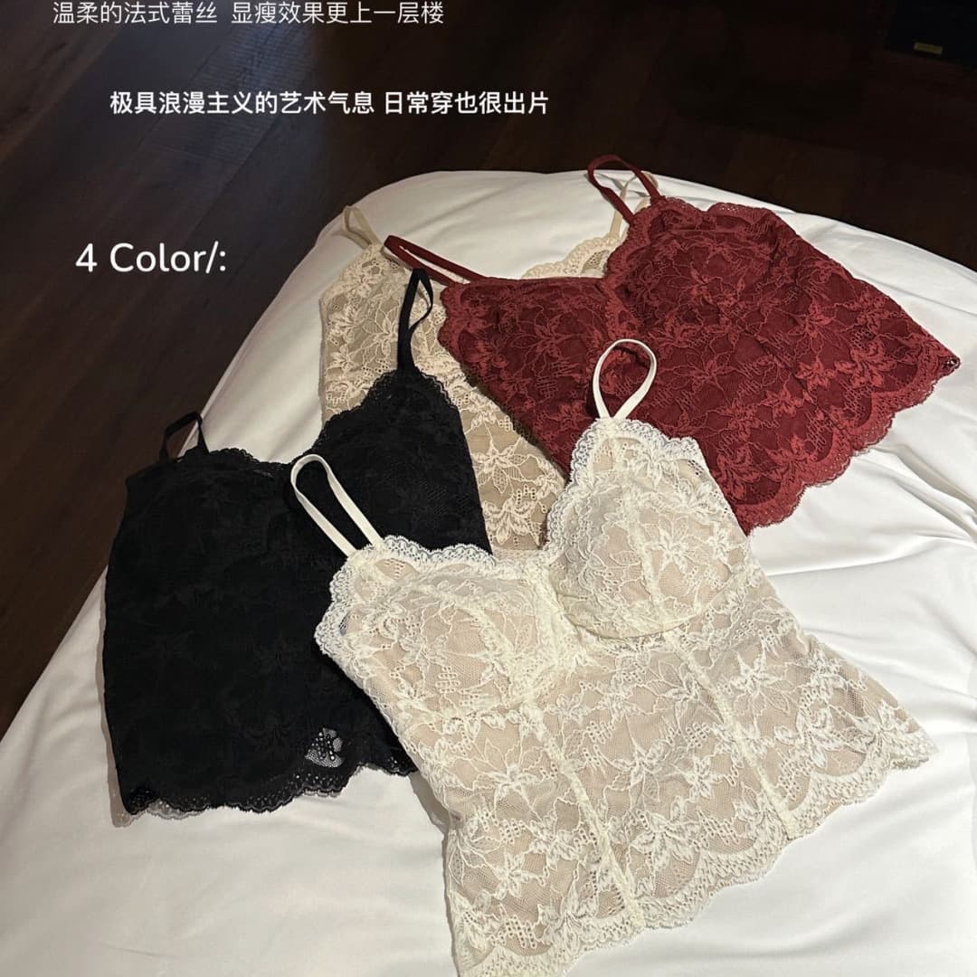 Autumn/Winter Brushed Warm French Lace Deep V-Neck Design Tank Top for Women with Pads, Comfortable Slimming Bra