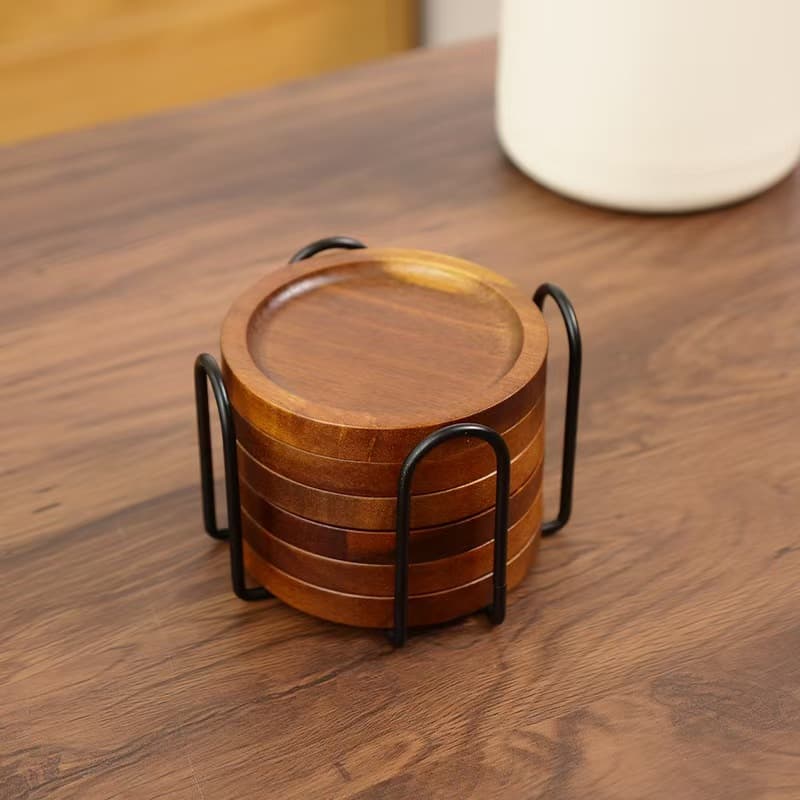 Acacia Wood Coaster Set with Storage Rack, Dining Table Teacup Holder, Modern Minimalist Light Customization