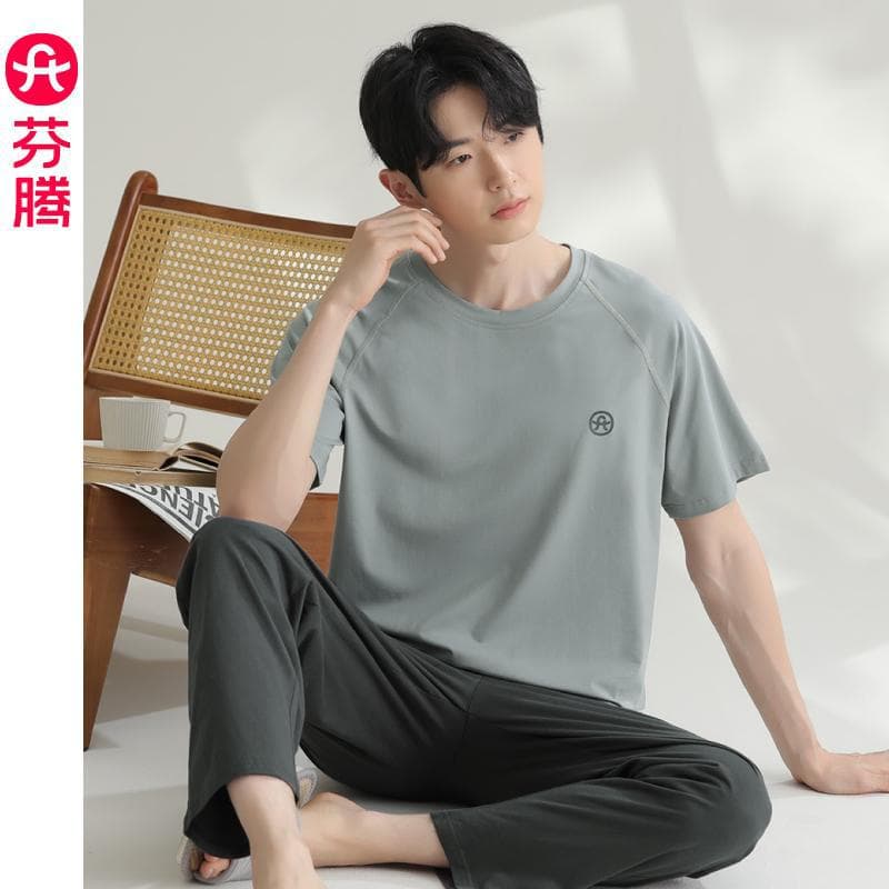 Fenteng Men's Cotton Short Sleeve Pajama Set Summer Thin Breathable Plus Size Round Neck Home Wear