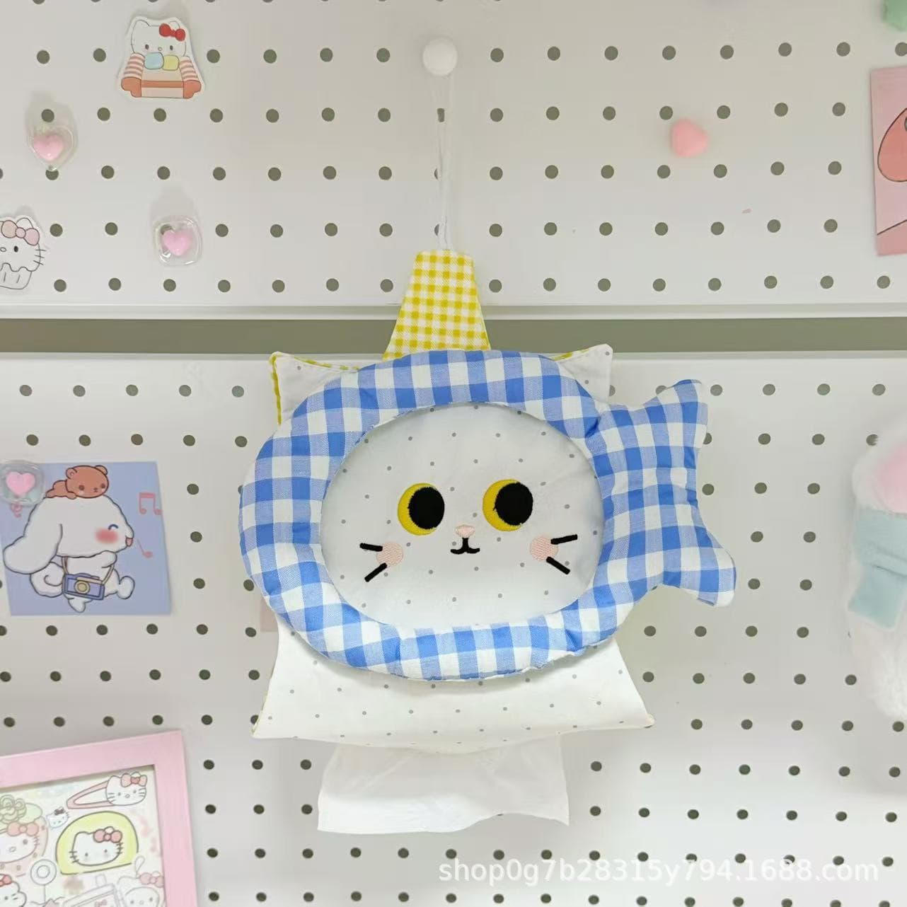 Retro Cartoon Kitten Tissue Bag Wall-mounted Fabric Handmade Tissue Cover for Home, Dorm, and Car High Aesthetics Creative