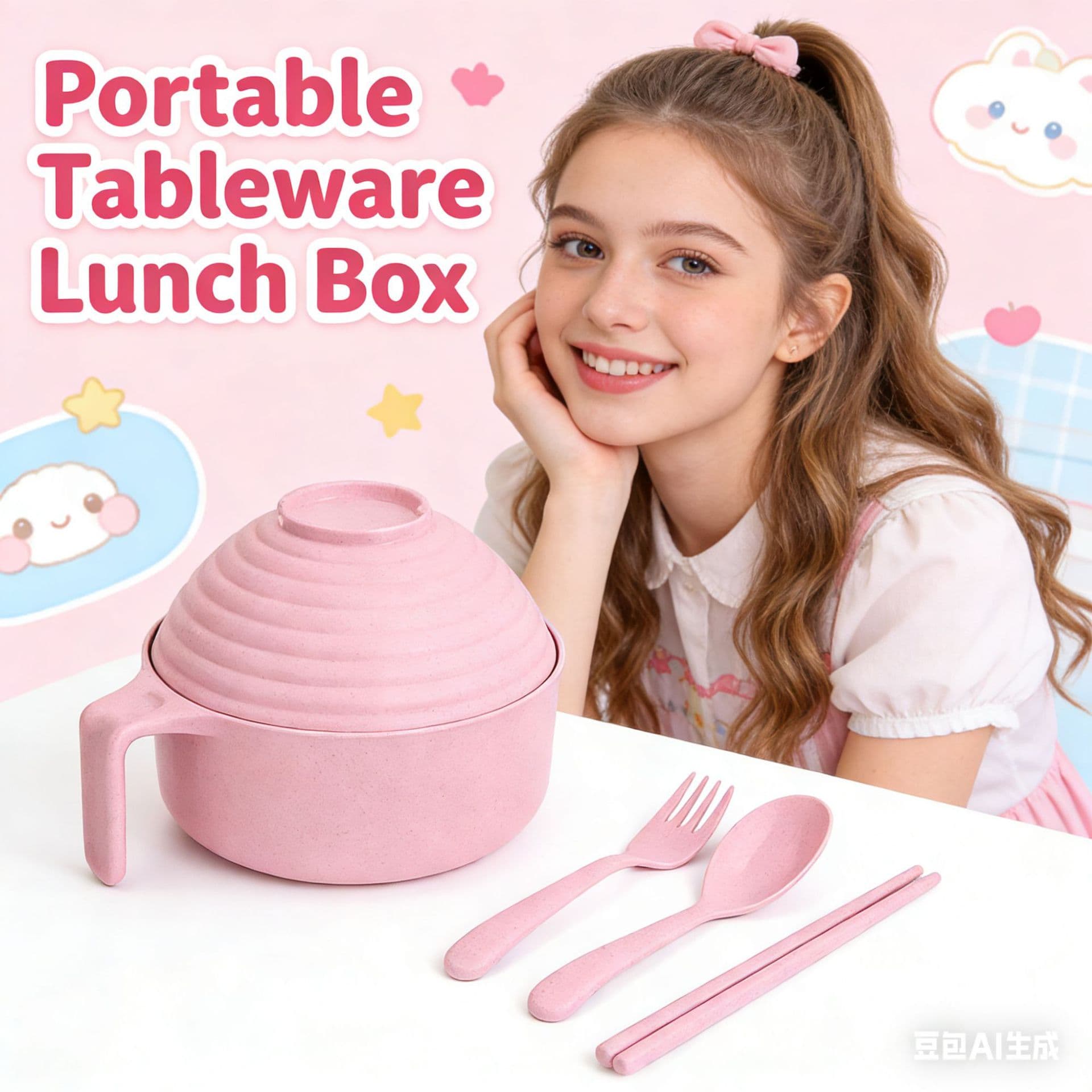 Wholesale wheat straw instant noodle bowl with tableware five-piece set instant noodle bowl with lid tableware large capacity rice bowl gift