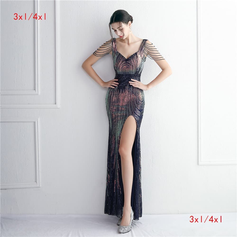 19601-S#3XL4XL Long Sequin Plus Size Performance Dress Banquet Evening Gown