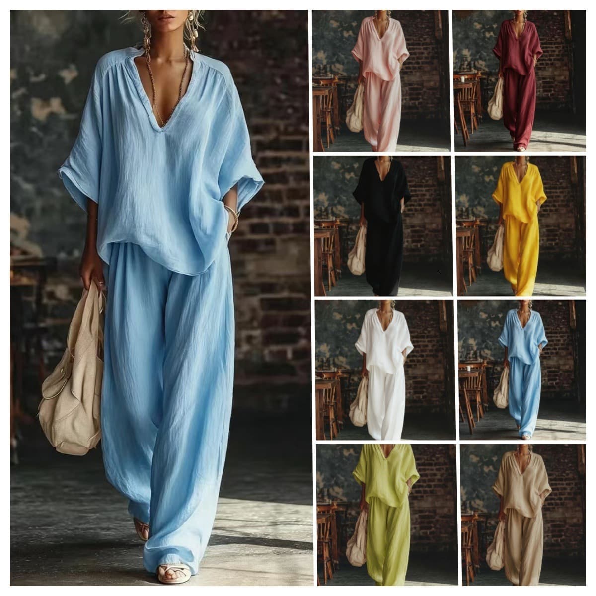 European and American Cross-Border 2026 Spring/Summer New Women's Fashion Casual Solid V-Neck Loose Short Sleeve Long Pants Set