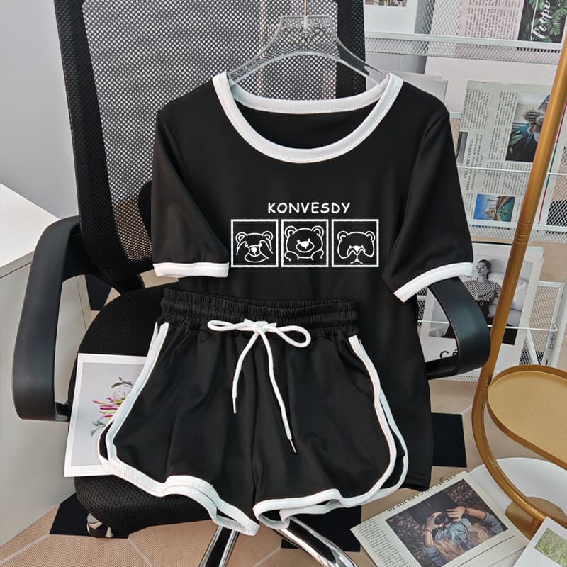 Simple Sports Slim Shorts Spring Summer Fall New Set Women Ice Silk Contrast Color Collar Short Sleeve T-Shirt