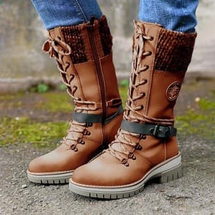Cross-Border Large Size Mid-Calf Women's Boots 2024 Winter New Round Toe Block Heel Leather Buckle Knit Stitching Martin Boots Amazon