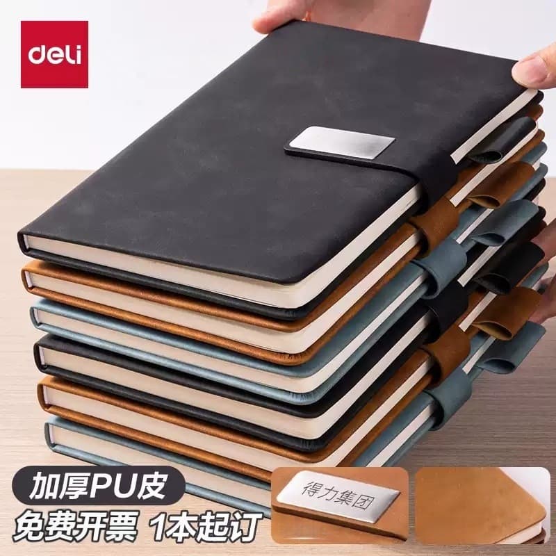 Deli Notebook 25K Sheepskin Leather Thickened Magnetic Buckle 120 Sheets Student Notes Office Meeting Record Leather Cover Notebook