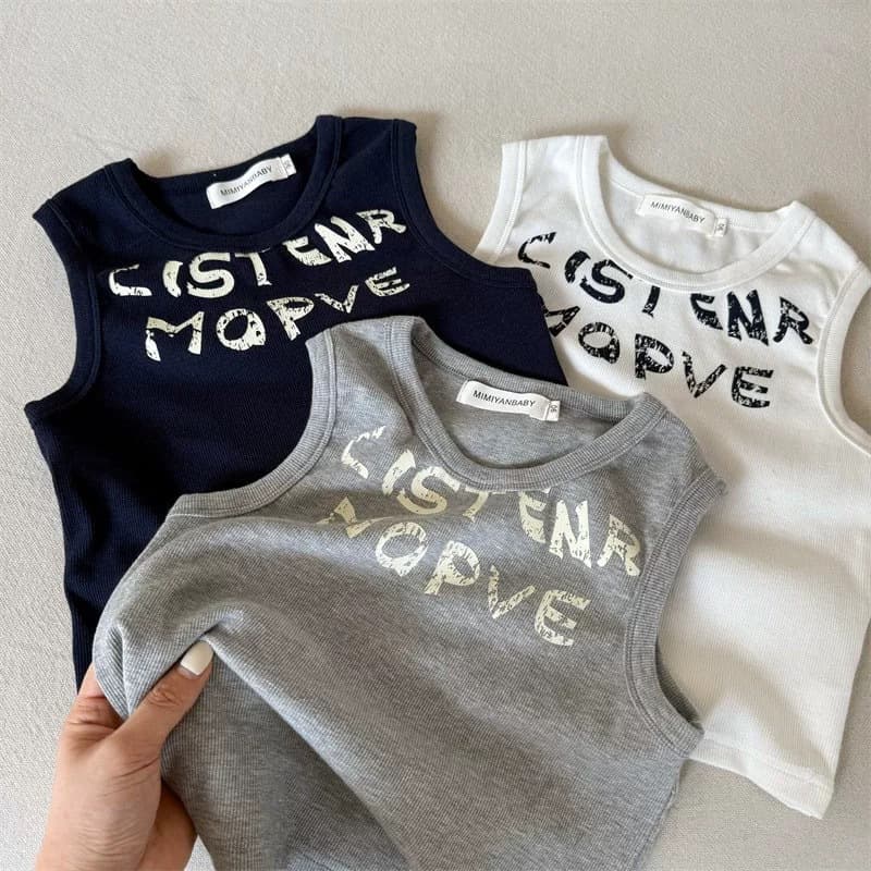 Kids Vest 2026 Summer Boys Girls Japanese Style Ribbed Letter T Baby Toddler Fashion Stretch Sleeveless T-Shirt Trendy
