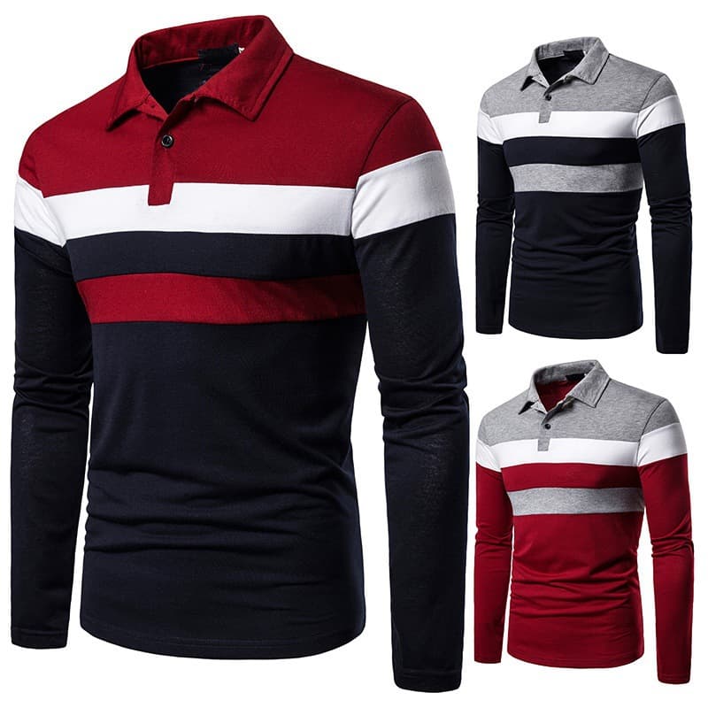 Autumn 2023 New Three Color Stitching Fashion Design Casual T-shirt Lapel Long Sleeve Polo Shirt Men's Long Sleeve T-shirt