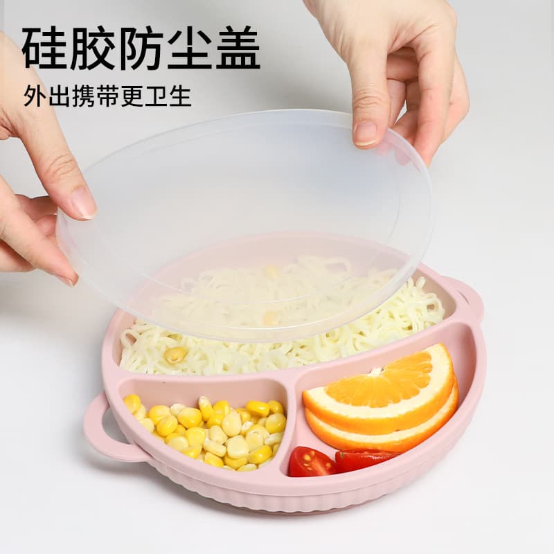 Baby Round Silicone Plate with Handle and Transparent Lid, Baby Learning Silicone Tableware, Silicone Smiley Face Three-Compartment Plate
