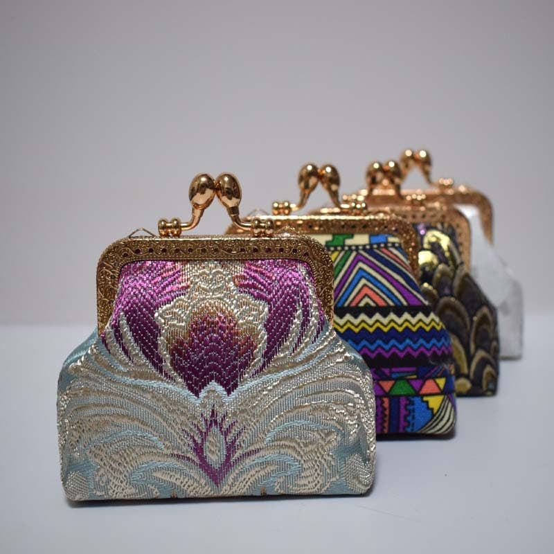 Handmade fabric 8.5cm clasp DIY material kit with multiple flower tutorials, retro brocade mini coin purse