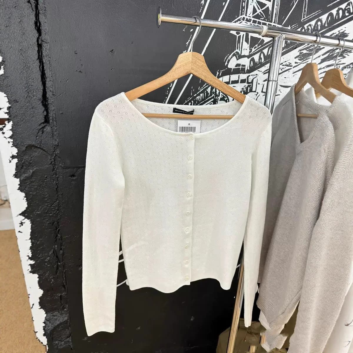 BM Style American Retro BM Cardigan New Cotton White Dark Floral Hidden Button Knit Sweater Top for Women