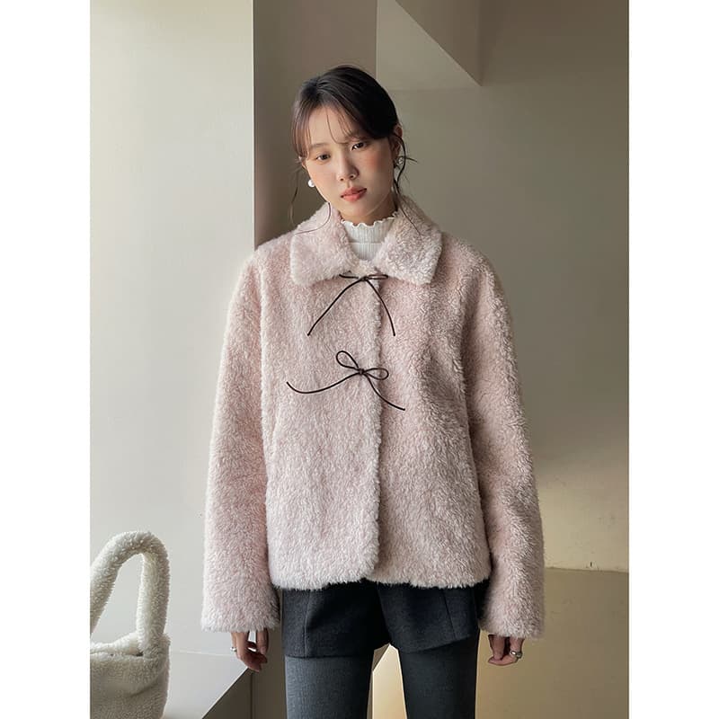 【Beidao Winter】Gemming Retro Contrast Tie Bow Fluffy Coat Winter Women's Top N744C