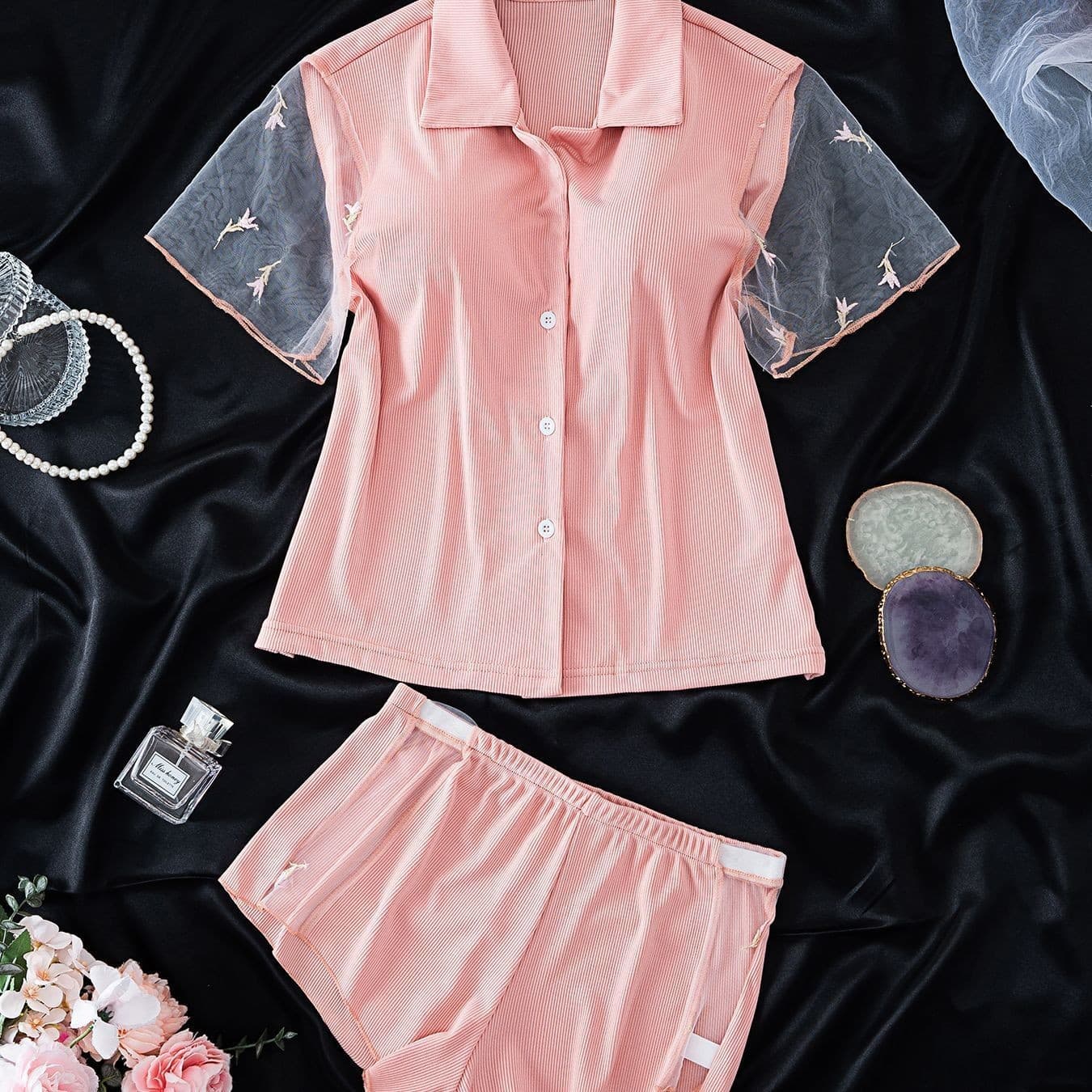 Pajamas with breast pads for women, summer modal cotton short-sleeved three-piece set, thin, sexy lace, high-end home wear