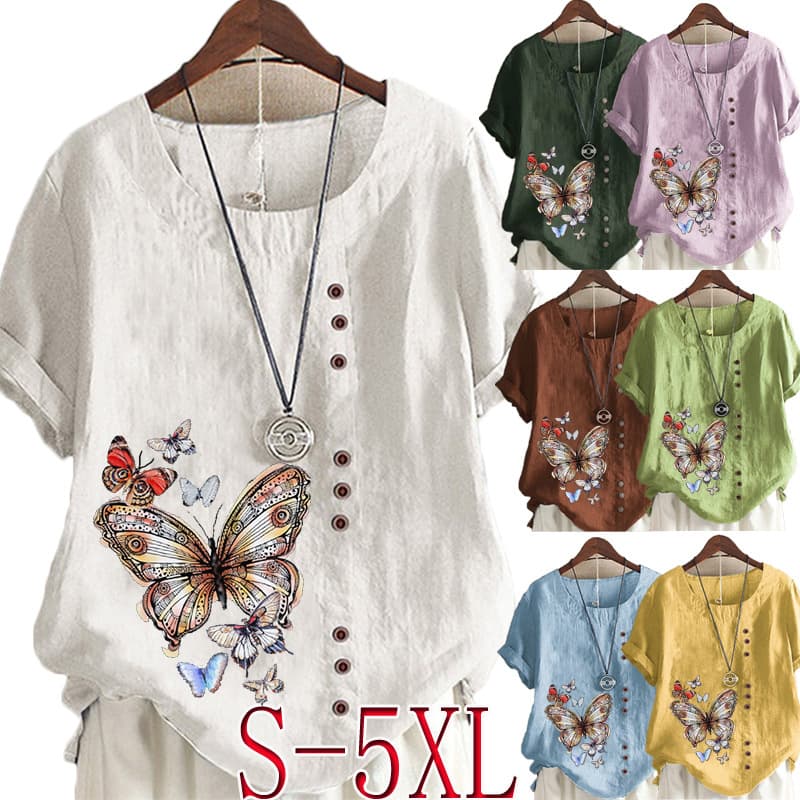 Summer European and American Casual Loose Retro Cotton Linen Printed Short Sleeve Pullover T-Shirt Plus Size Women's Clothing