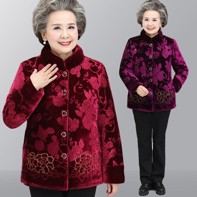 Grandma's winter coat, fleece-lined and thickened cotton-padded coat, middle-aged and elderly women's Tang suit cotton-padded jacket, warm cotton-padded coat.