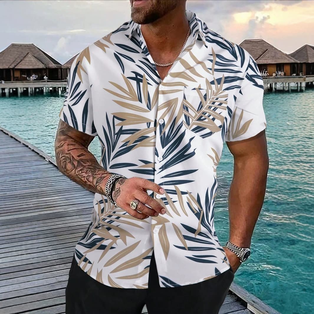 2025 Cross-border Europe/US Men's 3D Print Short Sleeve Shirt, Summer Vacation Hawaiian Casual Lapel Men's Shirt