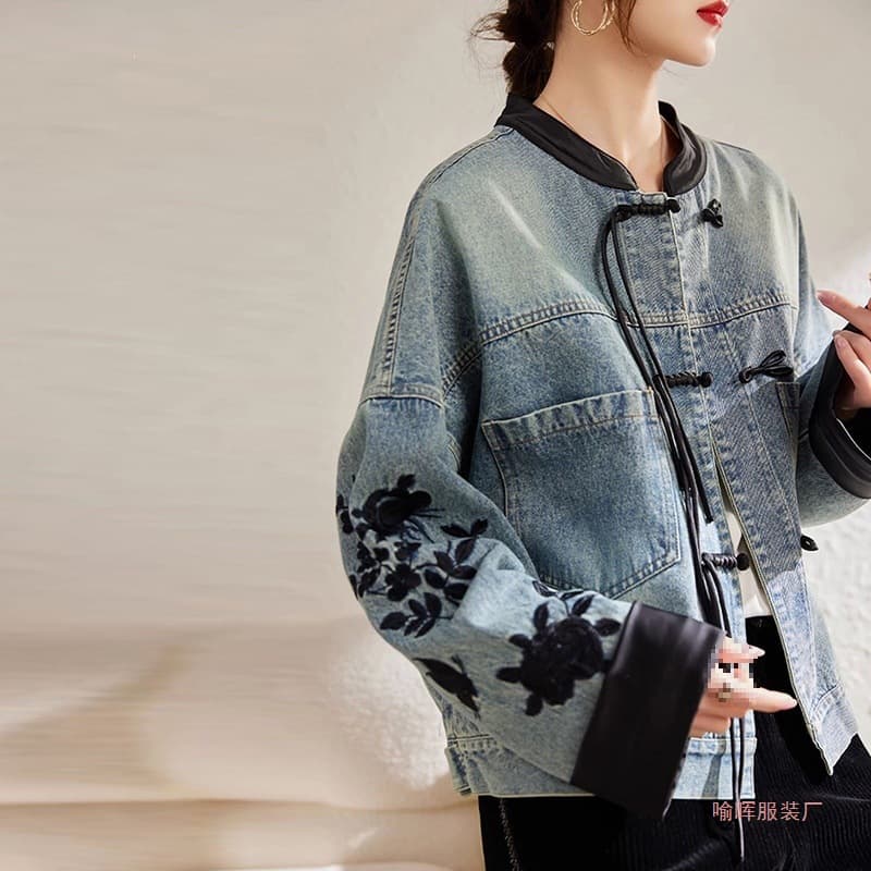 Women's Denim Jacket New Spring/Fall Fashion Trend Heavy-Duty Patchwork Loose Fit Denim Top Spandex