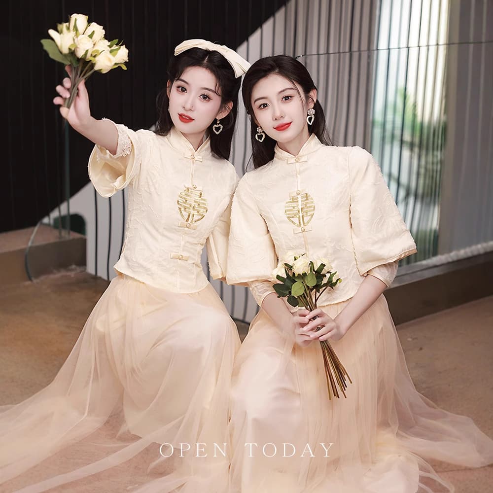 New Chinese-style Bridesmaid Dress Champagne Long Sleeve Sister Dress New Wedding Gown Daily Wear Autumn/Winter Thickened