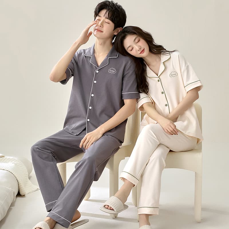 Spring/Summer Cotton Lycra Sleepwear Set for Couples, Short Sleeve Long Pants Cardigan Thin Cool Pajamas