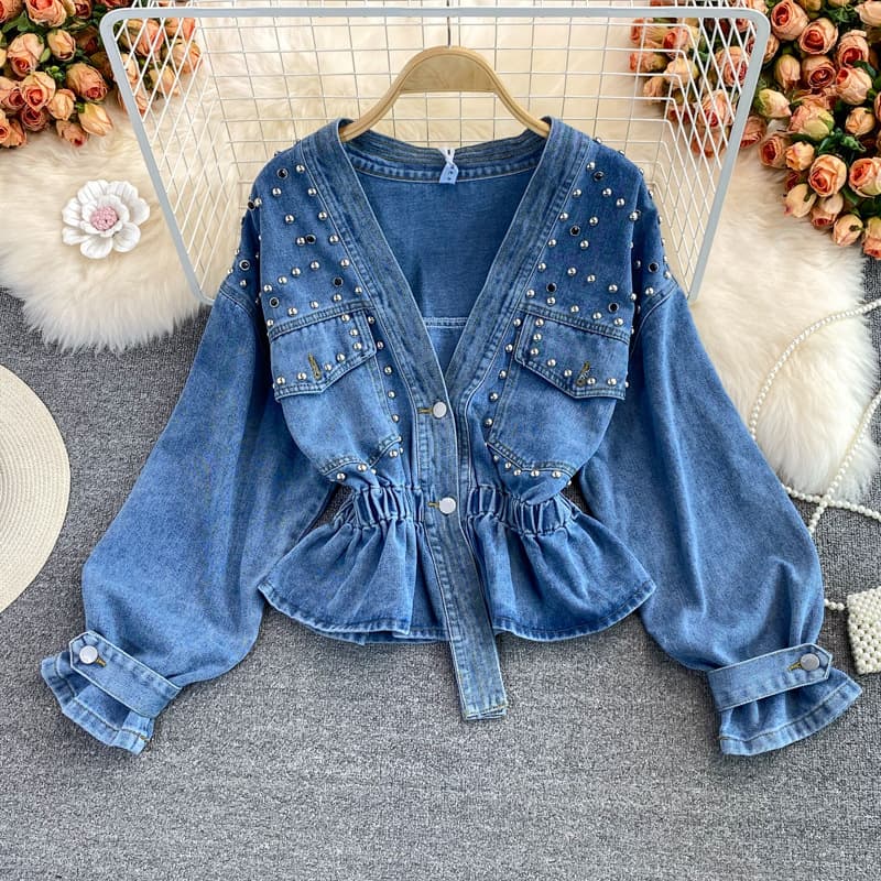 Women's Autumn New Arrival Korean Style Loose-fit Denim Jacket Fashionable Versatile Embroidered V-neck Cropped Waist-fitted Top