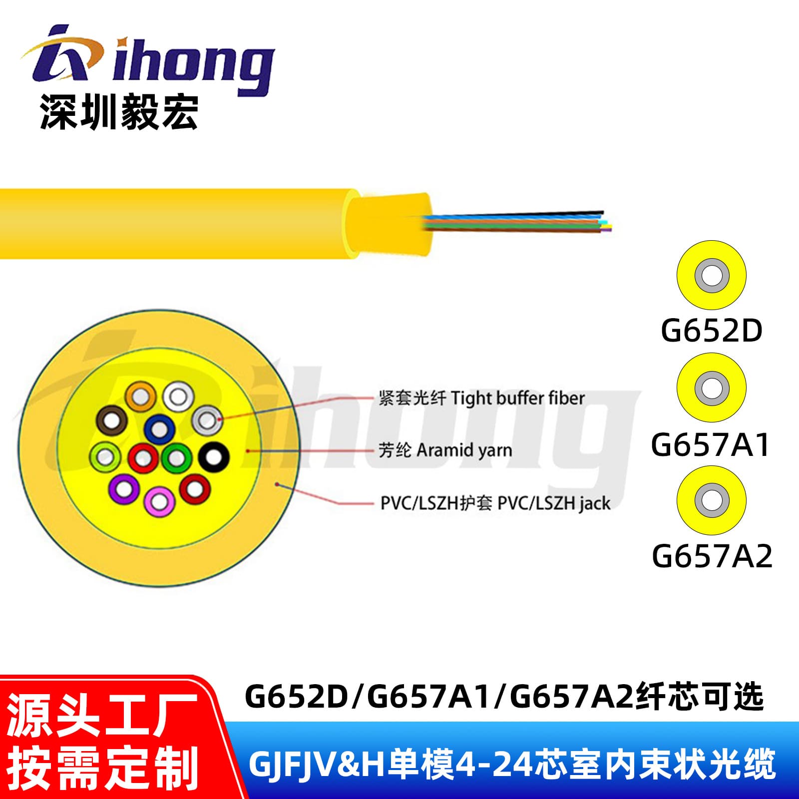 GJFJVH Single-Mode 4-24 Core Customized Indoor Beam Optical Cable, Multiple Fiber Core Types, Carrier-Grade Indoor Optical Cable Optional