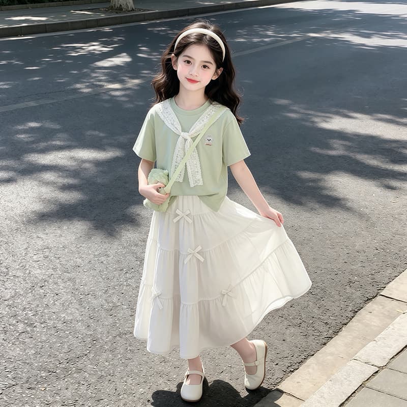 Girls' T-Shirt Summer New Korean Style Short Sleeve Skirt Two-Piece Set for Older Kids Long Skirt Children's Wear
