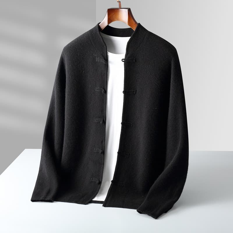 Stand-up collar retro cardigan with frog buttons, pure wool long-sleeve men's autumn/winter Chinese-style casual loose thick cardigan