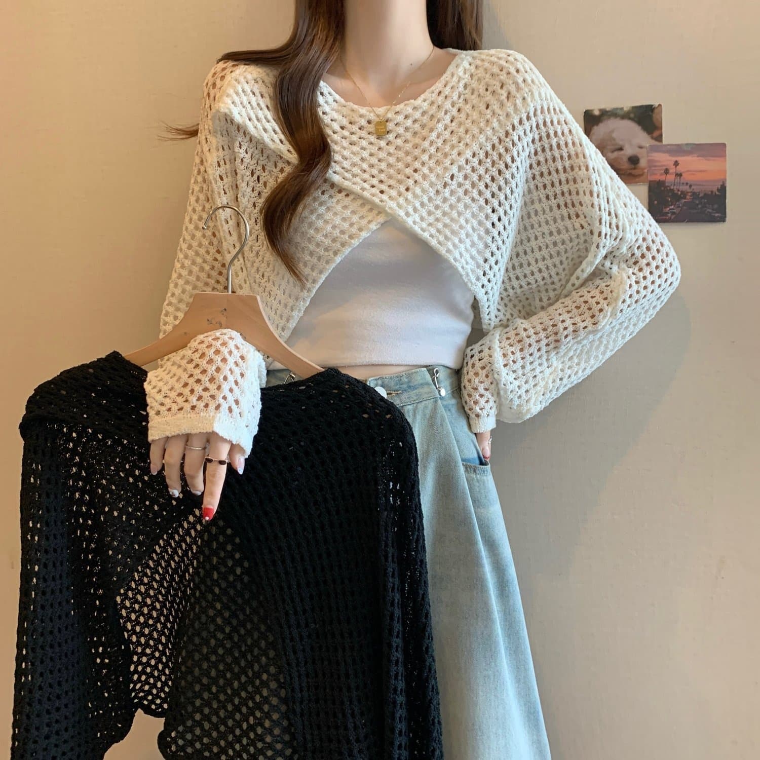 Summer Thin Irregular Long-Sleeve Sun Protection Crop Top Korean Retro Air-Conditioning Hollow Knit Cardigan for Women