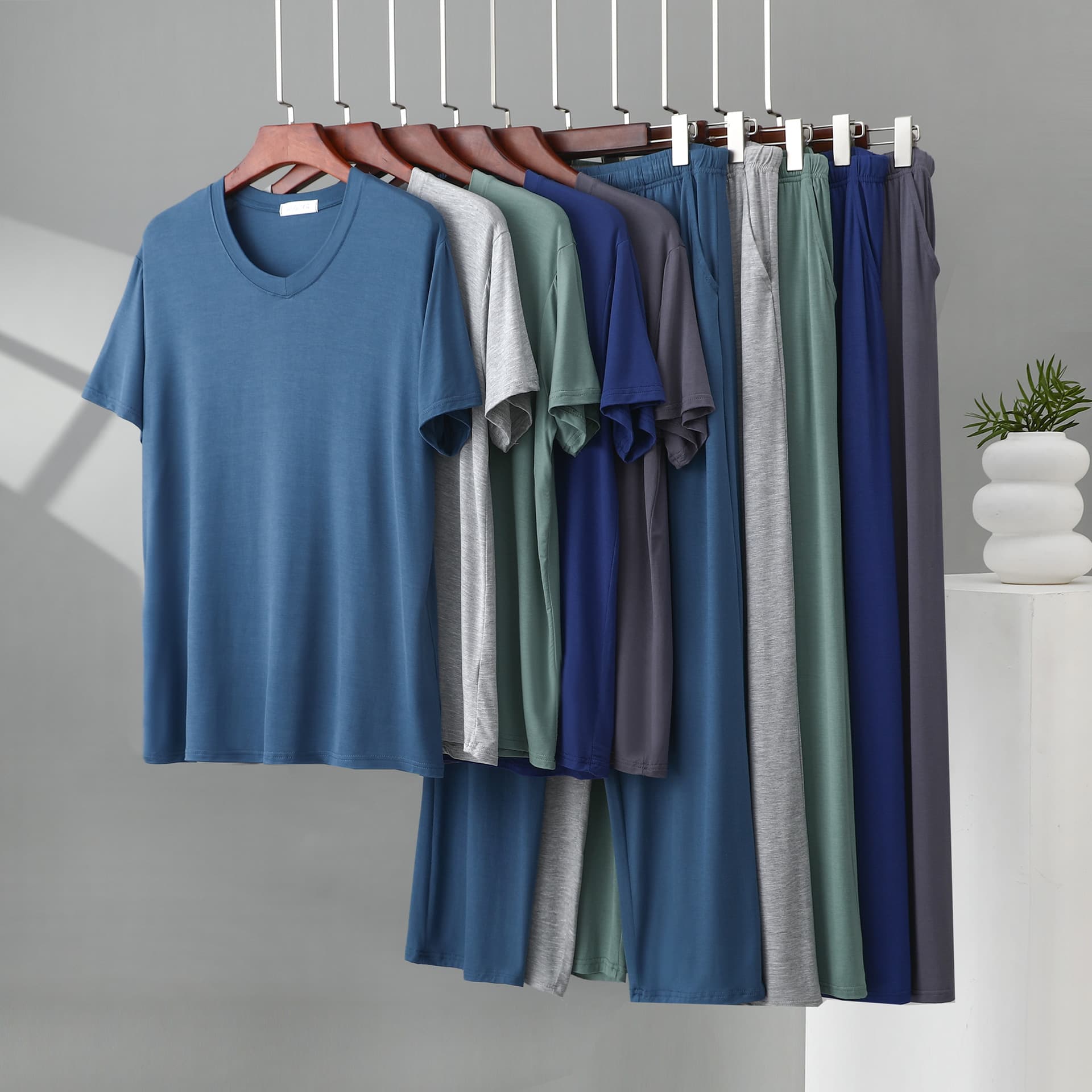 Modal Pajama Set for Men Short Sleeve Summer T-Shirt Thin Round Neck Loose Pants Wearable Outdoors Sports Homewear Set